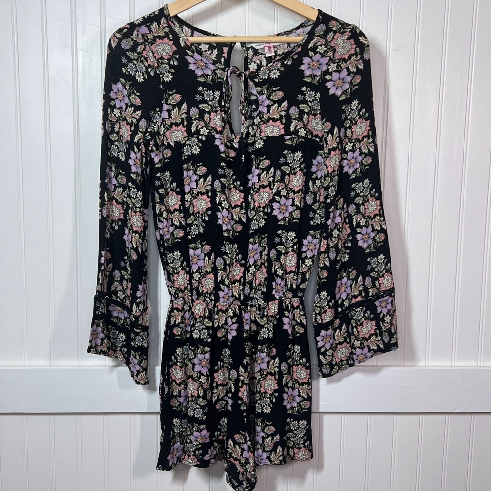 American Eagle Romper Whimsigoth Black Hippie Fairy Floral Long Bell Sleeve XXS